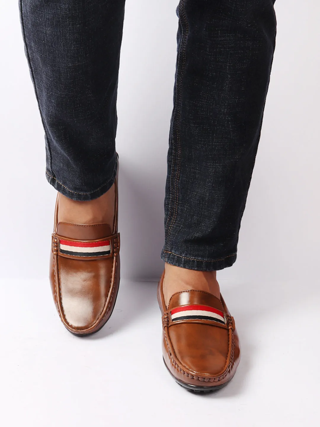 Basics Men Brown Colored Stripe Design Side Stitched Casual Slip On Loafers and Moccasin Shoes