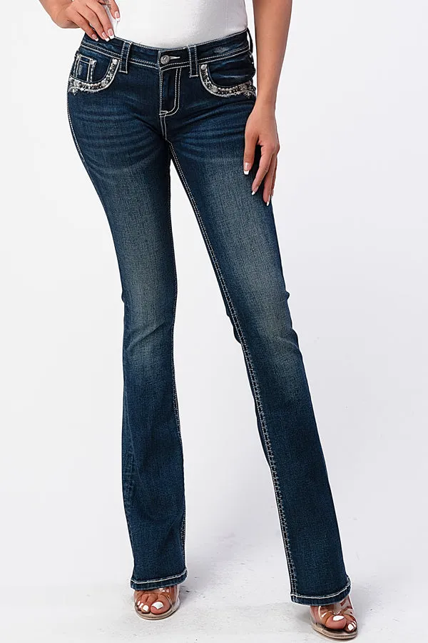 Border Emb Faux Flap  Mid Rise Bootcut Jeans