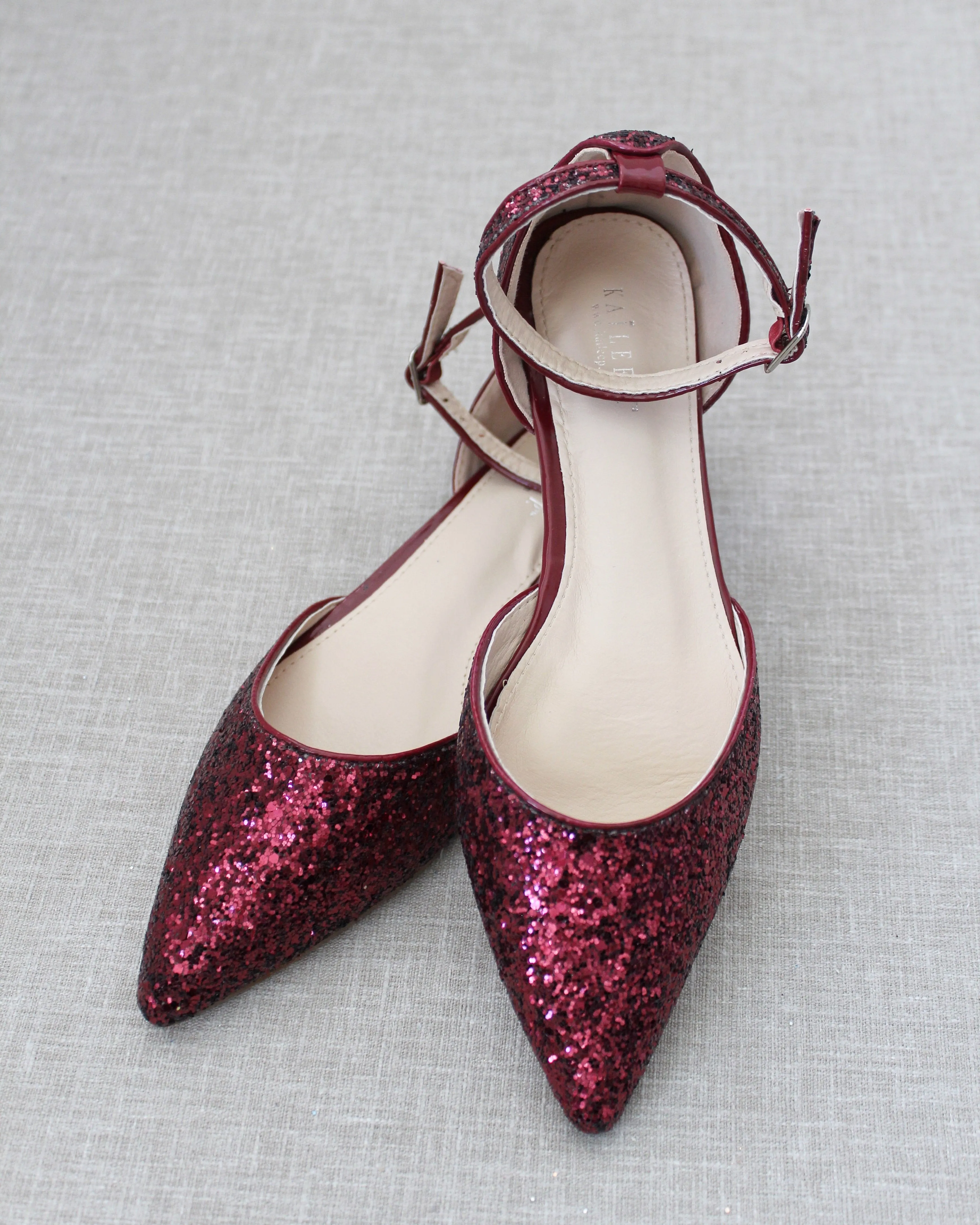 Burgundy Rock Glitter Ankle Strap Flats