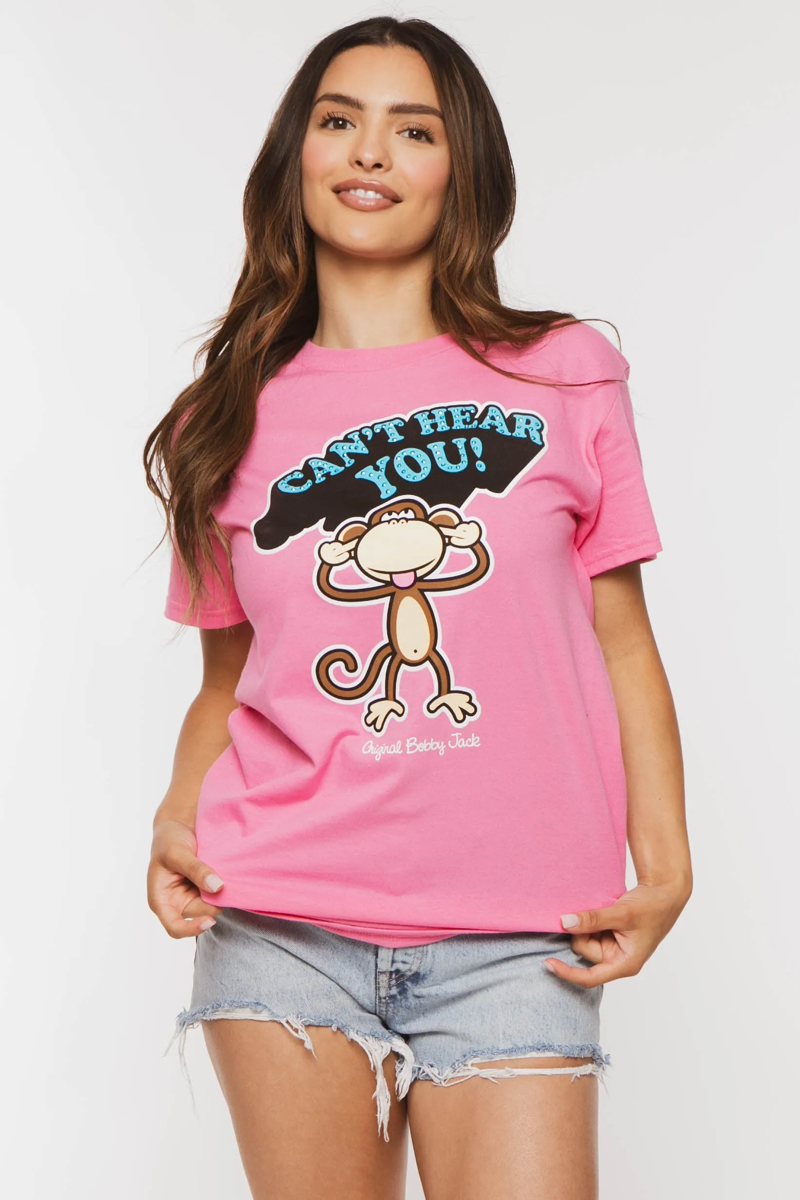 Can't Hear You  - Bobby Jack Boyfriend Rhinestone T-Shirt -Pink