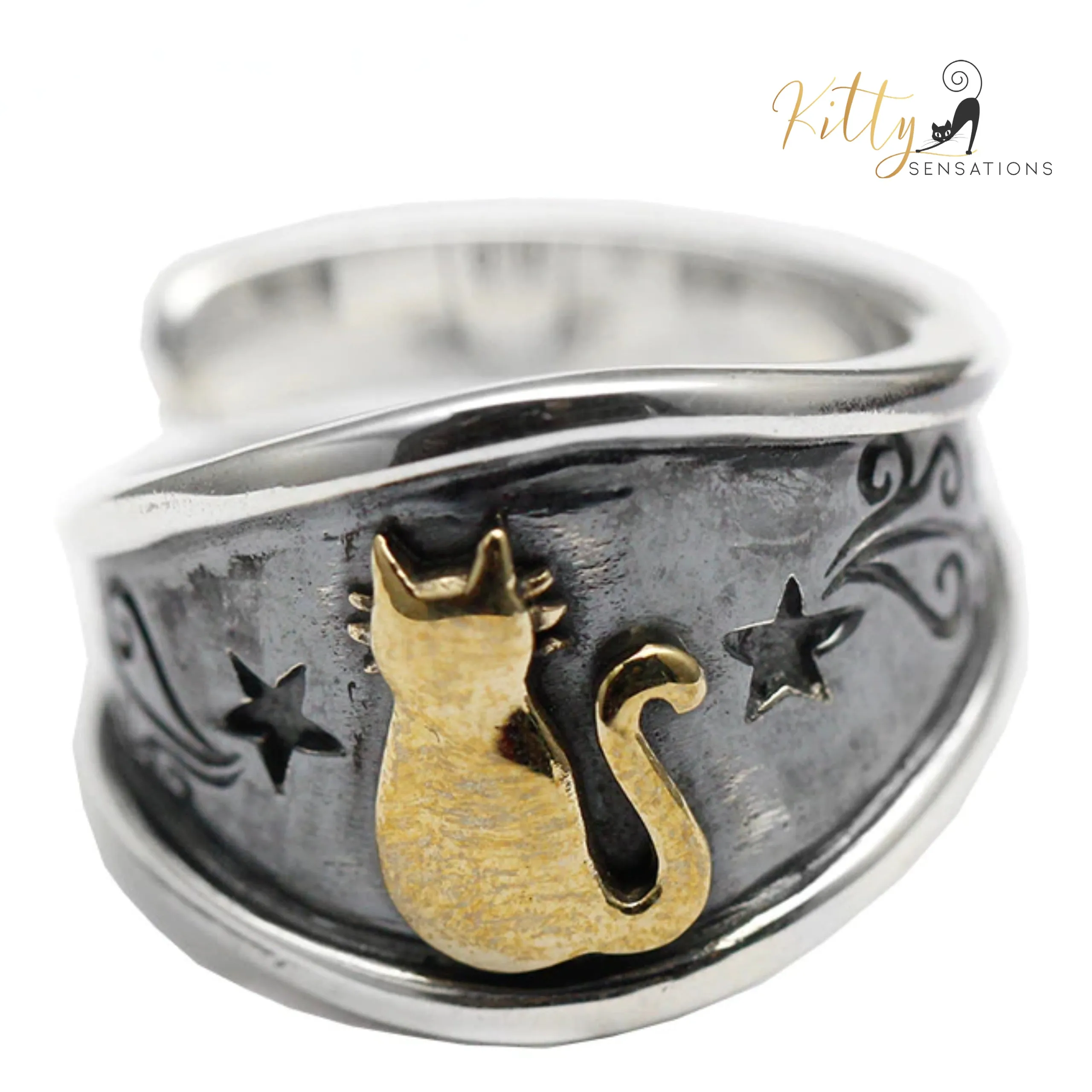 Cat Signet Ring with Solid 925 Sterling Silver Inner Plate - Adjustable