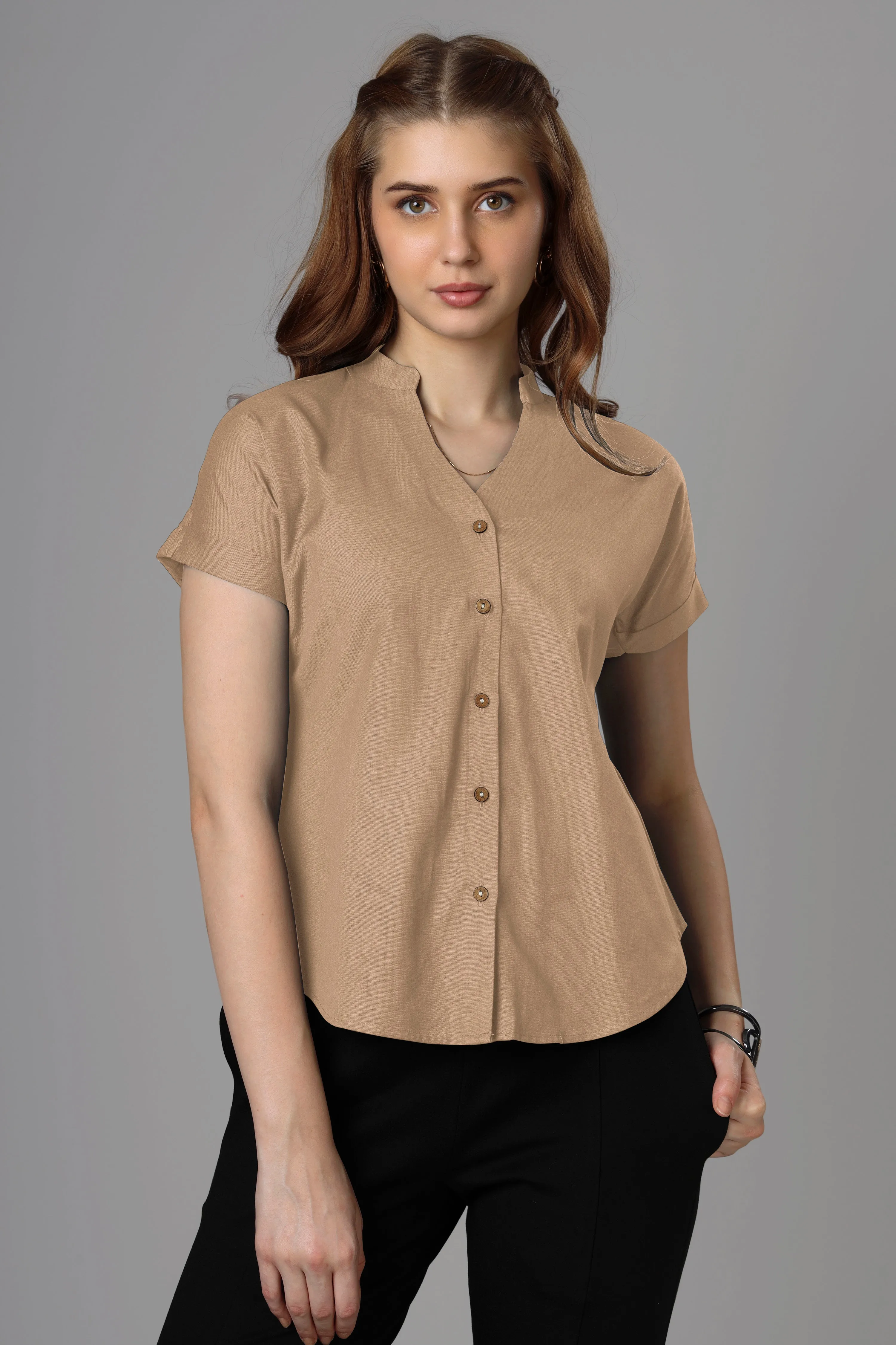 Classic Beige Cotton Shirt For Women