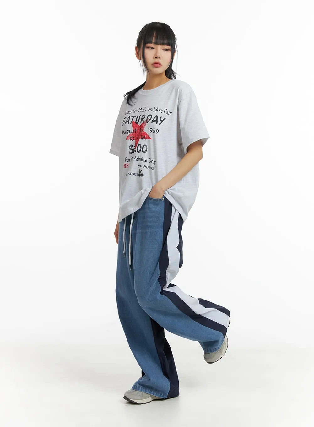 Contrasting Trim Drawstring Baggy Jeans CM407