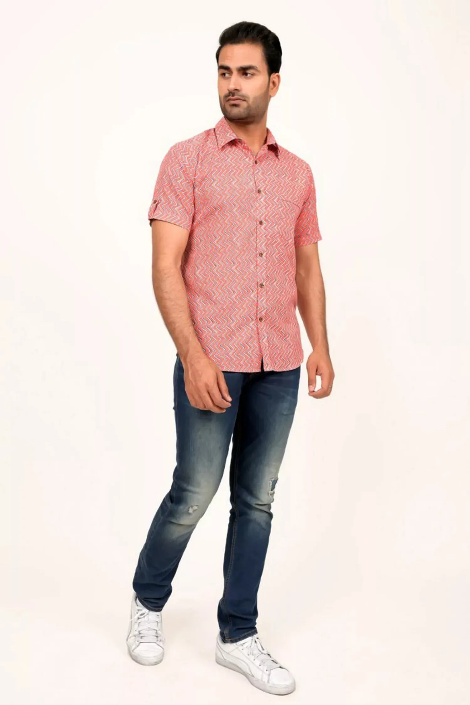 Coral Block Printed Half Sleeve Shirt