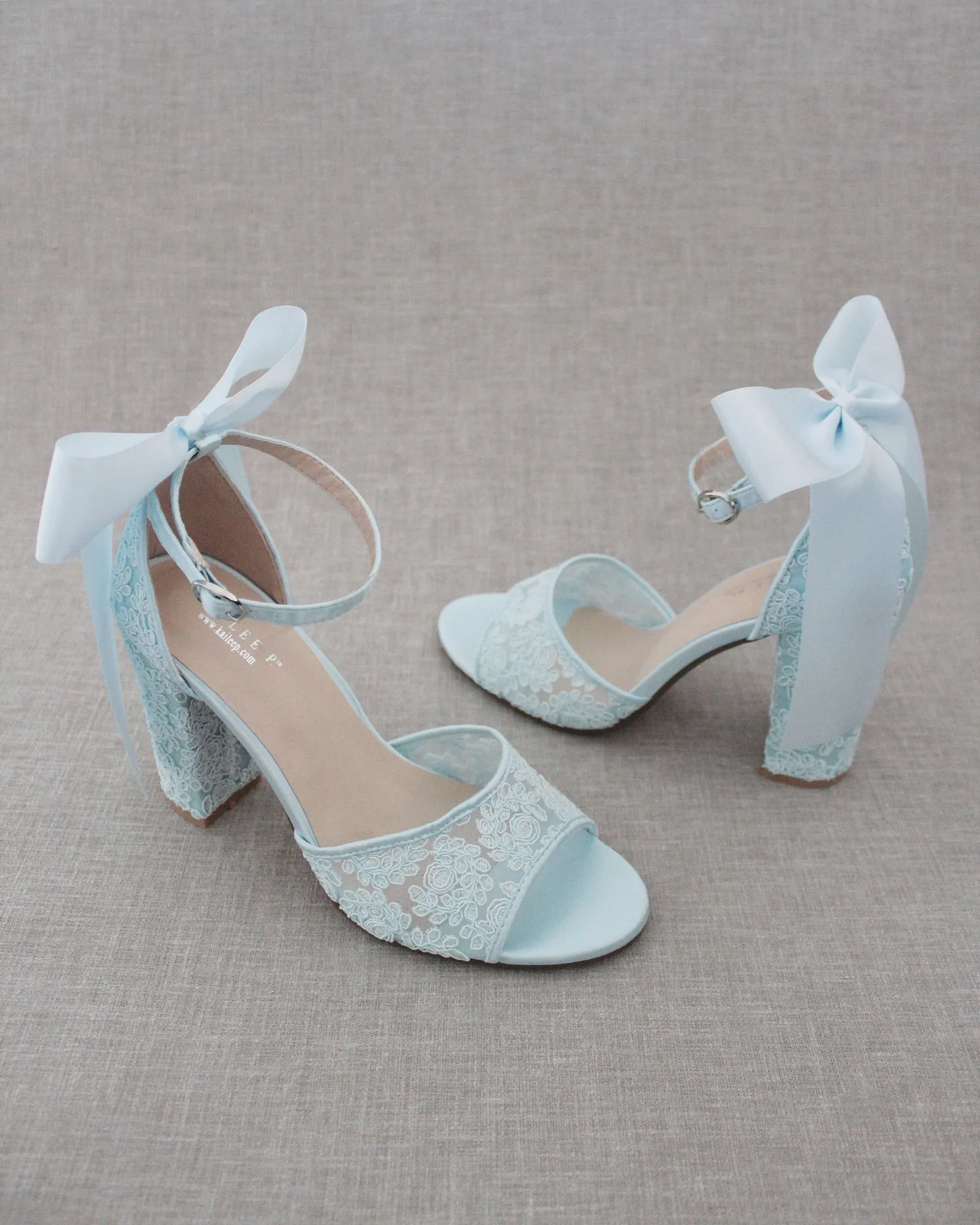 Crochet Lace Block Heel Sandals with Satin Back Bow