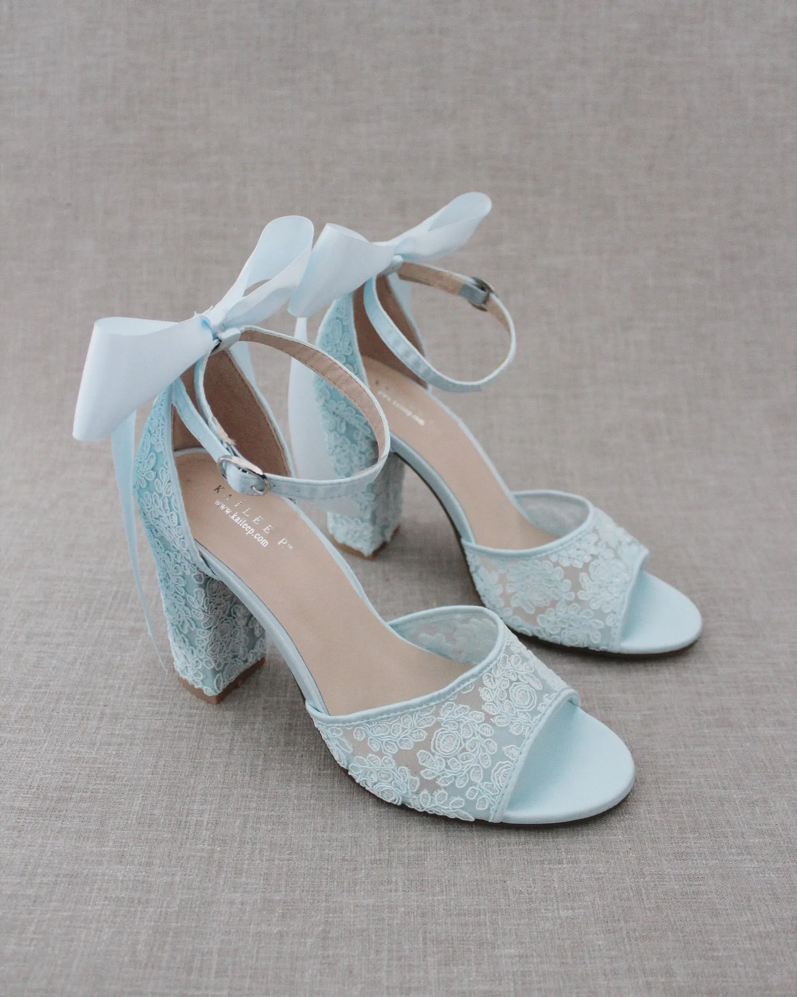 Crochet Lace Block Heel Sandals with Satin Back Bow