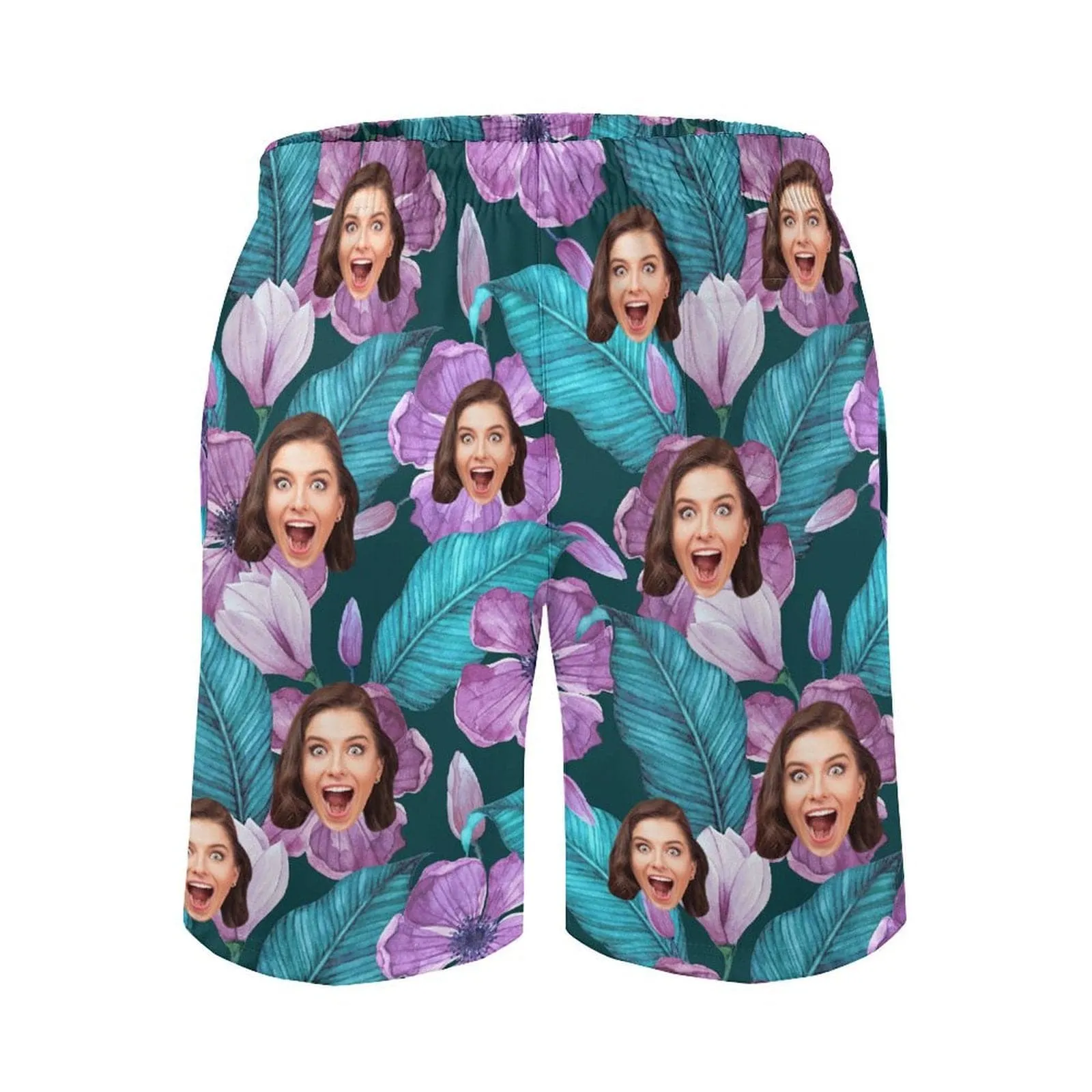 Custom Face Purple Flowers Couple Swim Shorts&Dress Men's Swim Trunks Women's Beach Sling Skirt