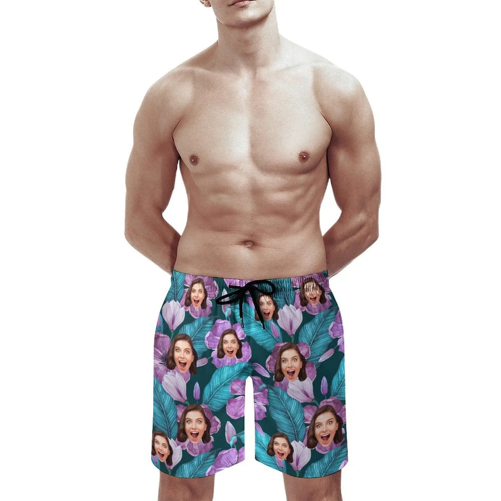 Custom Face Purple Flowers Couple Swim Shorts&Dress Men's Swim Trunks Women's Beach Sling Skirt