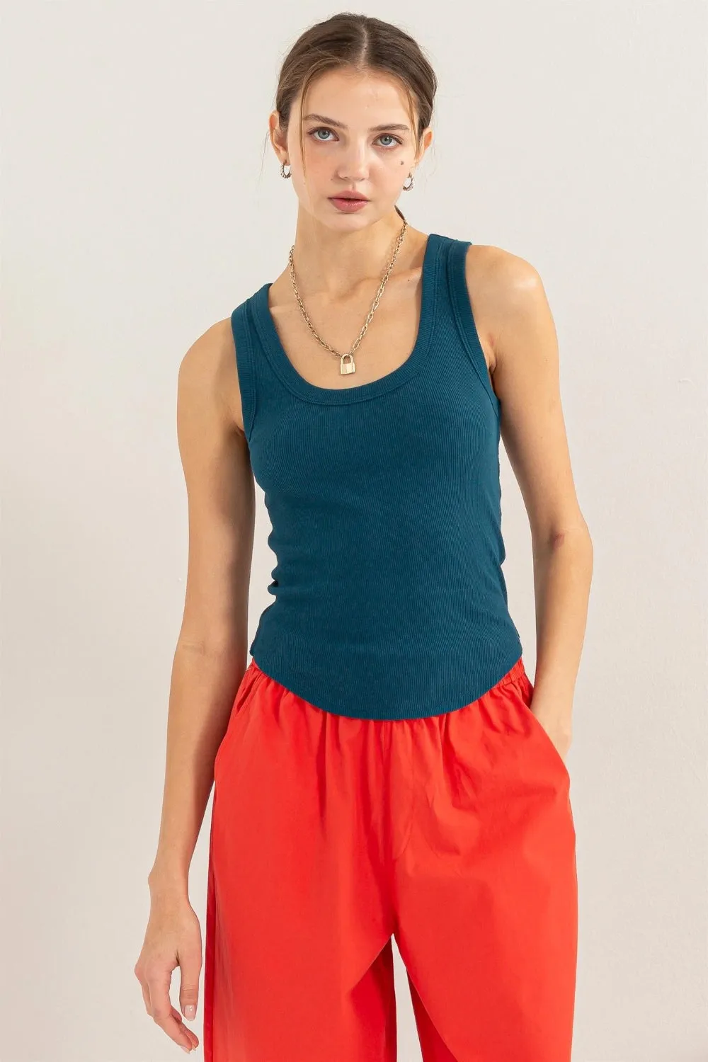 Dark Teal Ribbed Scoop Neck Racerback Tank