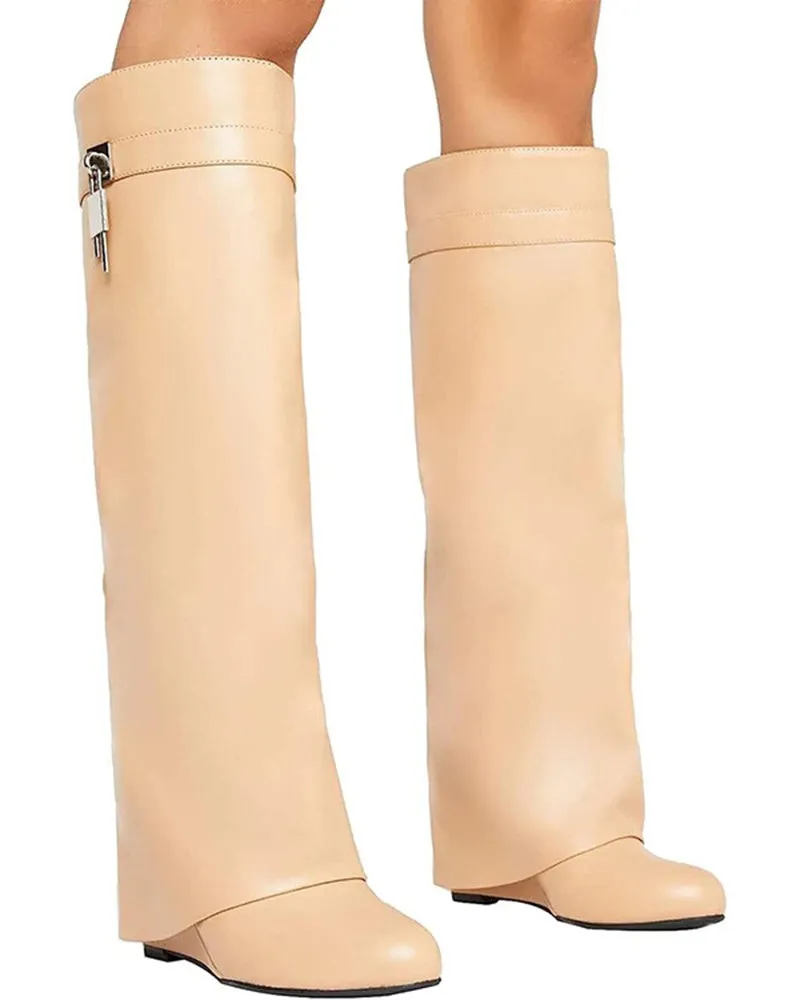 Decorative Lock Knee High Fold Over Boots