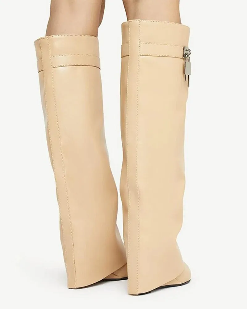 Decorative Lock Knee High Fold Over Boots