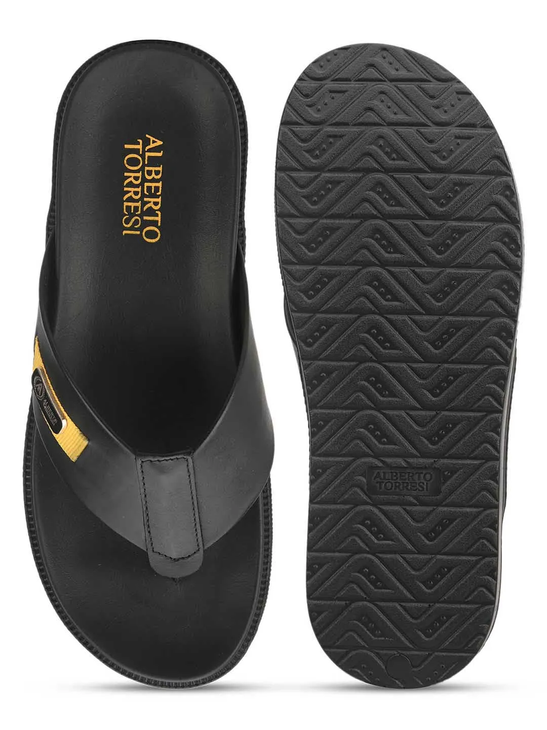 Deriko Black Genuine Leather Flip Flops For Men