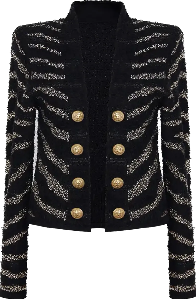 Embellished Gold Studs Stretchy Tweed Look Jacket