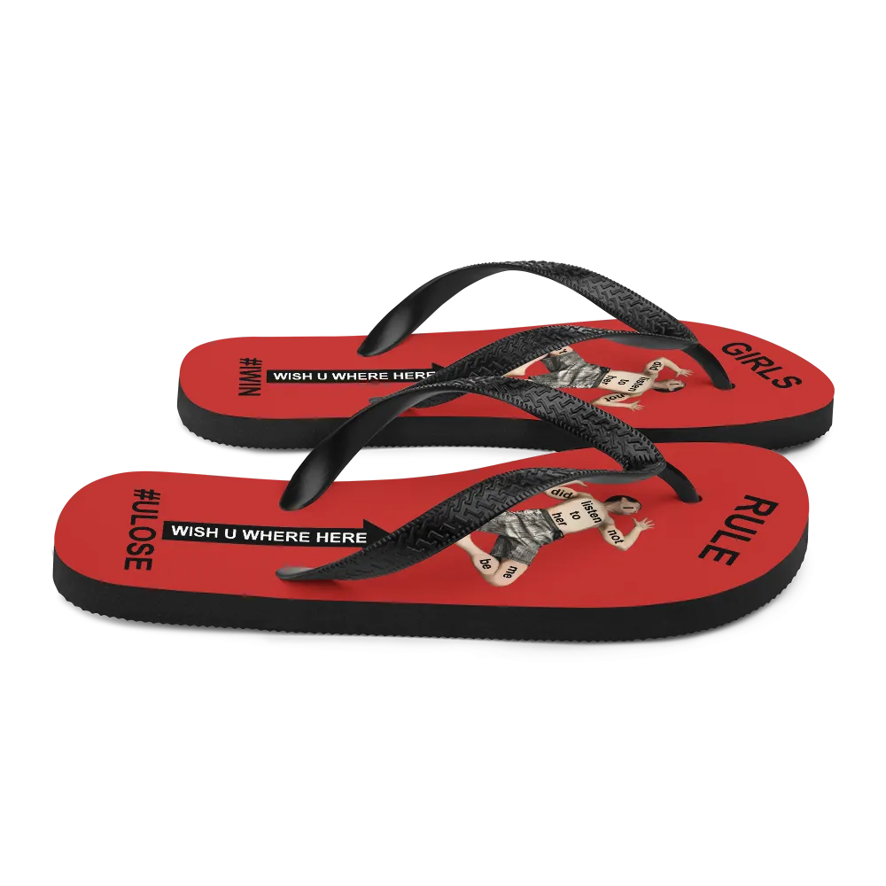 GIRLS RULE flip flops with CRUSHED TINY MAN underfoot red fabric NEW (2020-05-10)