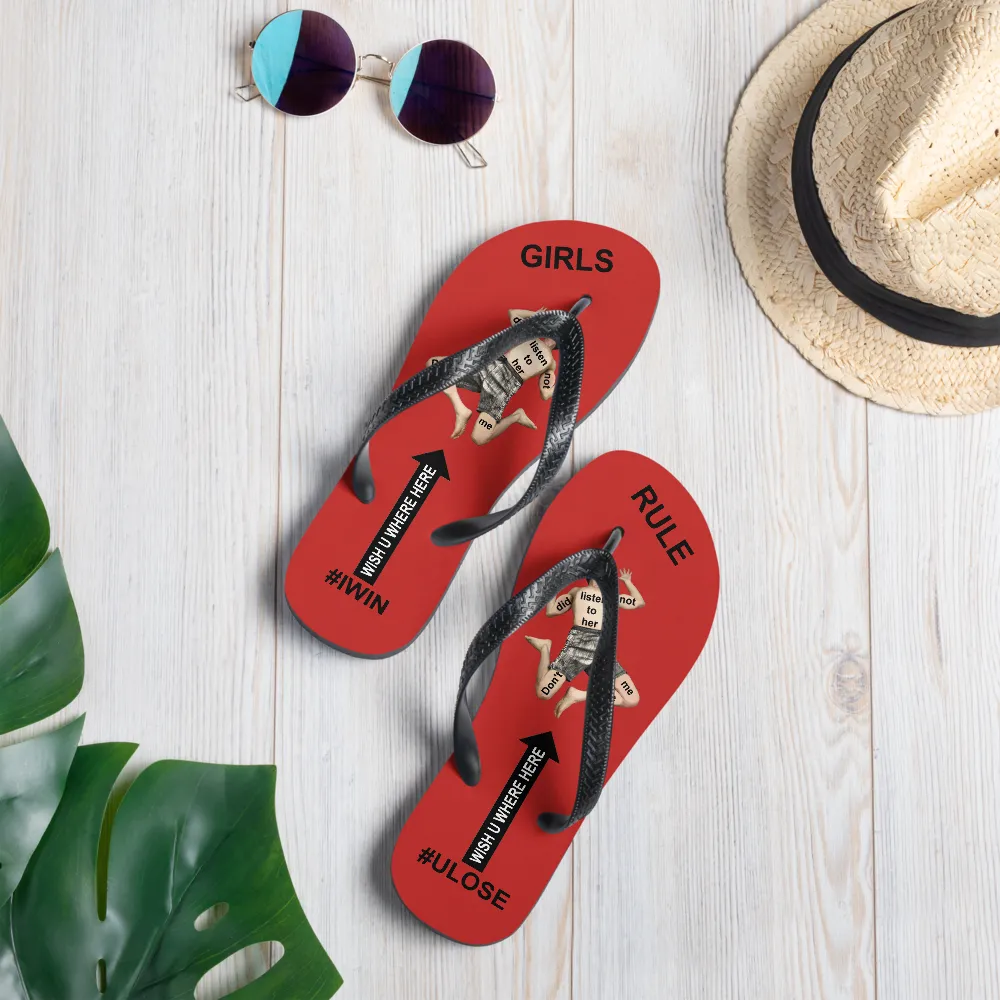 GIRLS RULE flip flops with CRUSHED TINY MAN underfoot red fabric NEW (2020-05-10)