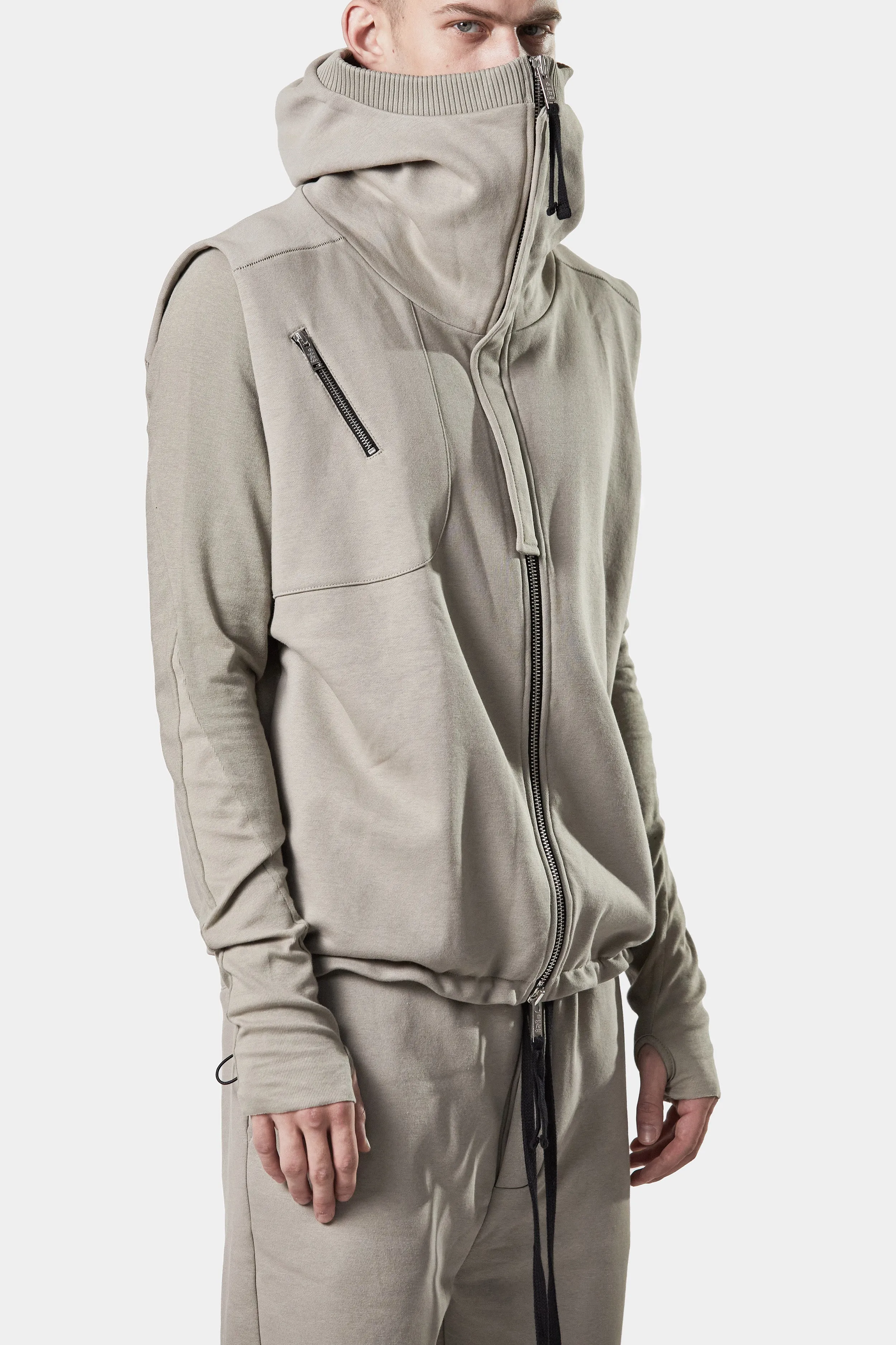 Hooded zip up sweat vest, Beige