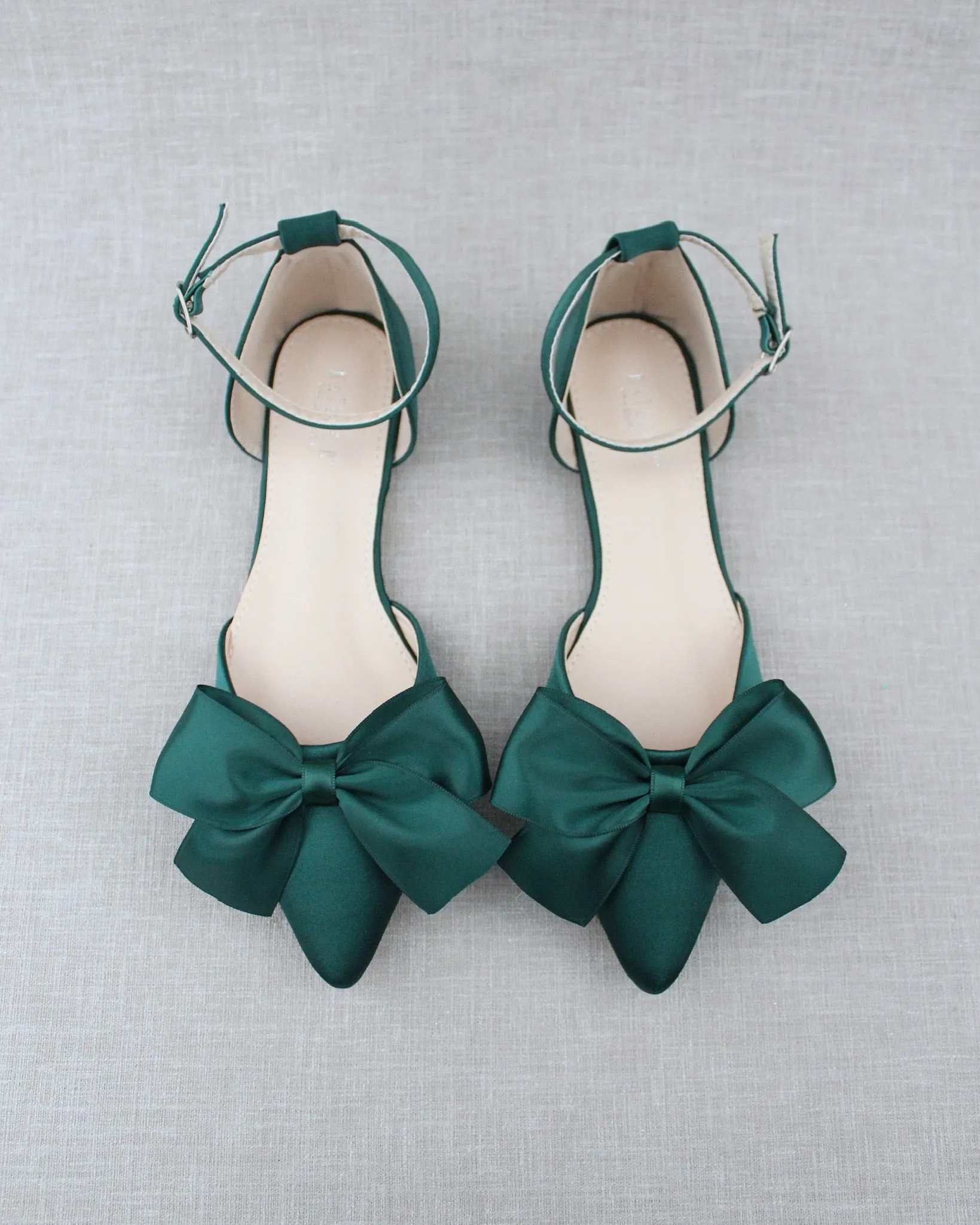 Hunter Green Pointy Toe Flats with Front Satin Bow