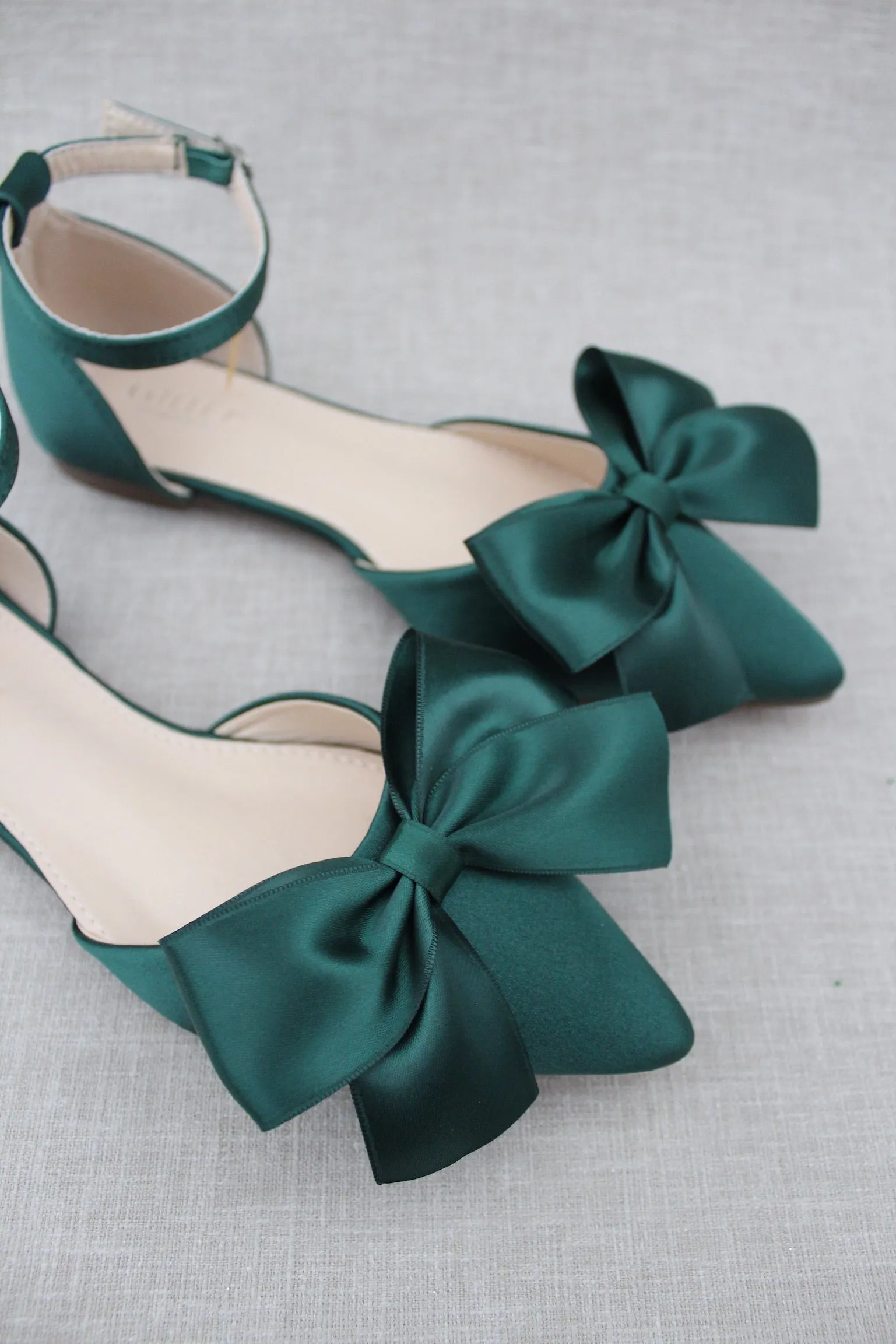 Hunter Green Pointy Toe Flats with Front Satin Bow