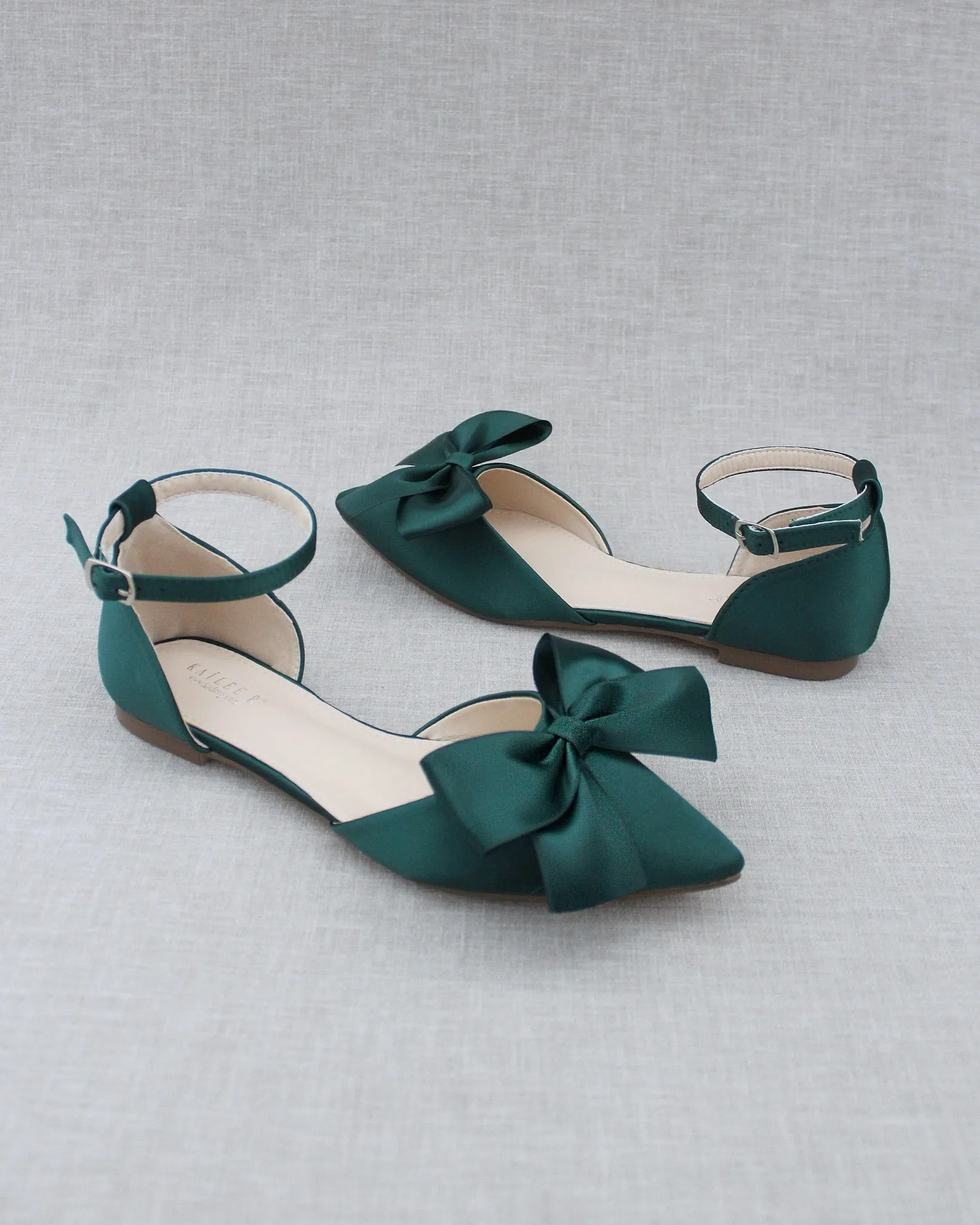 Hunter Green Pointy Toe Flats with Front Satin Bow