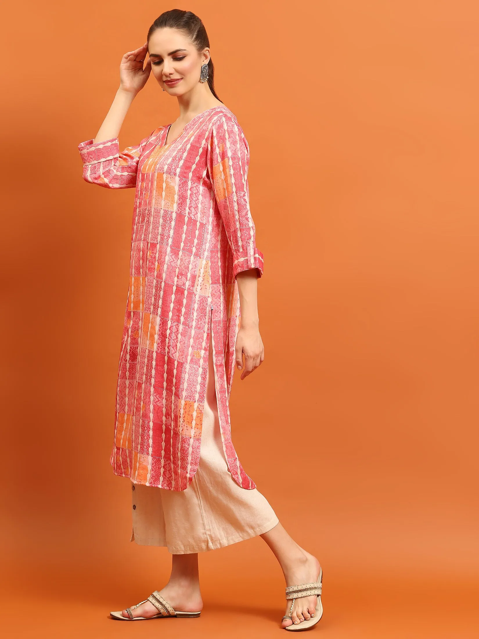 Indiessence Women Pink Tie Dye Printed Kurta