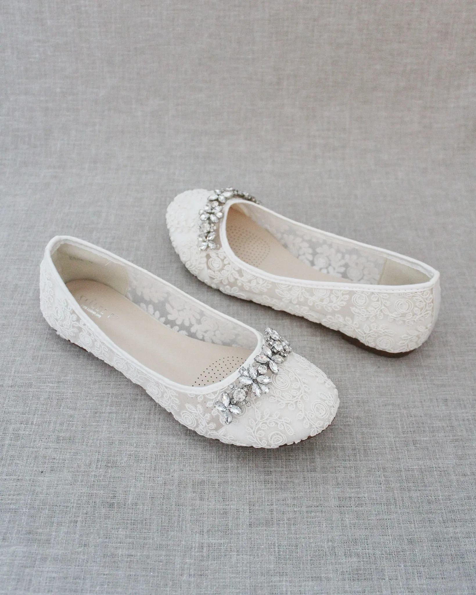 Ivory Lace Round Toe Flats with Floral Rhinestones