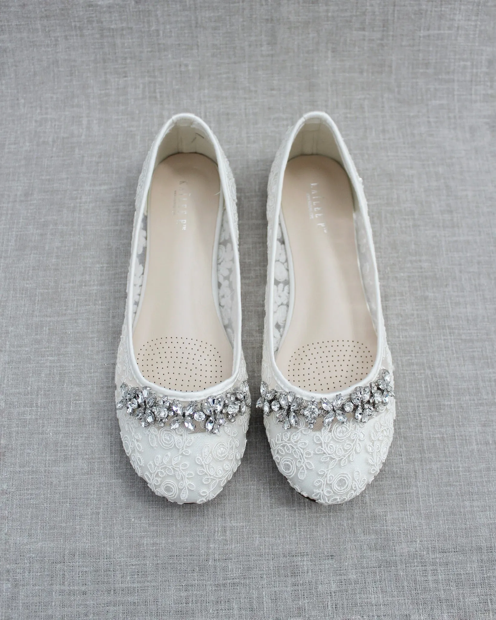 Ivory Lace Round Toe Flats with Floral Rhinestones