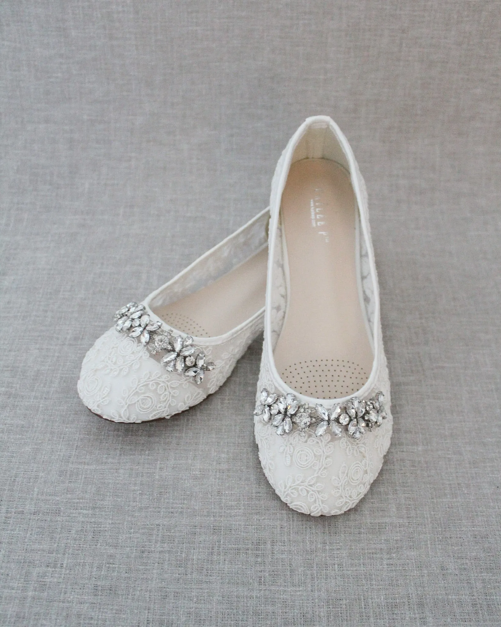 Ivory Lace Round Toe Flats with Floral Rhinestones