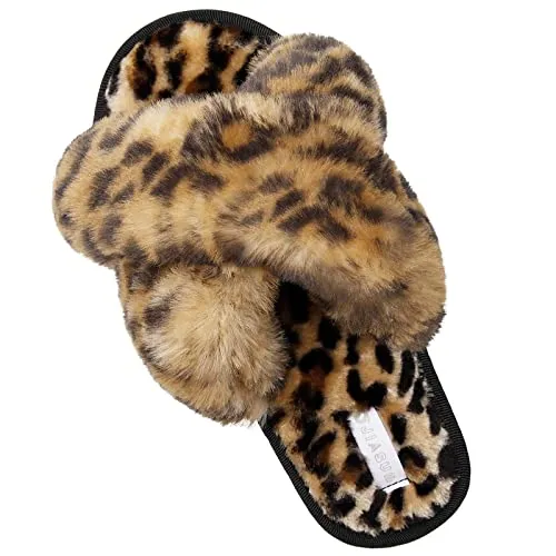 JIASUQI Women's Cross Band Fuzzy House Slippers Soft Plush Furry Faux Fur House Indoor Outdoor Slippers for Women Leopard 8-9