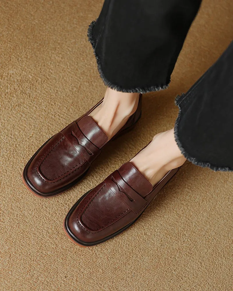 Leather Round Toe Flat Low Heeled Loafers