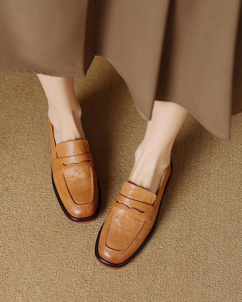 Leather Round Toe Flat Low Heeled Loafers