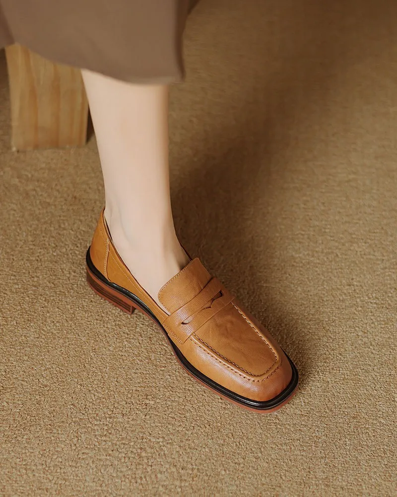 Leather Round Toe Flat Low Heeled Loafers