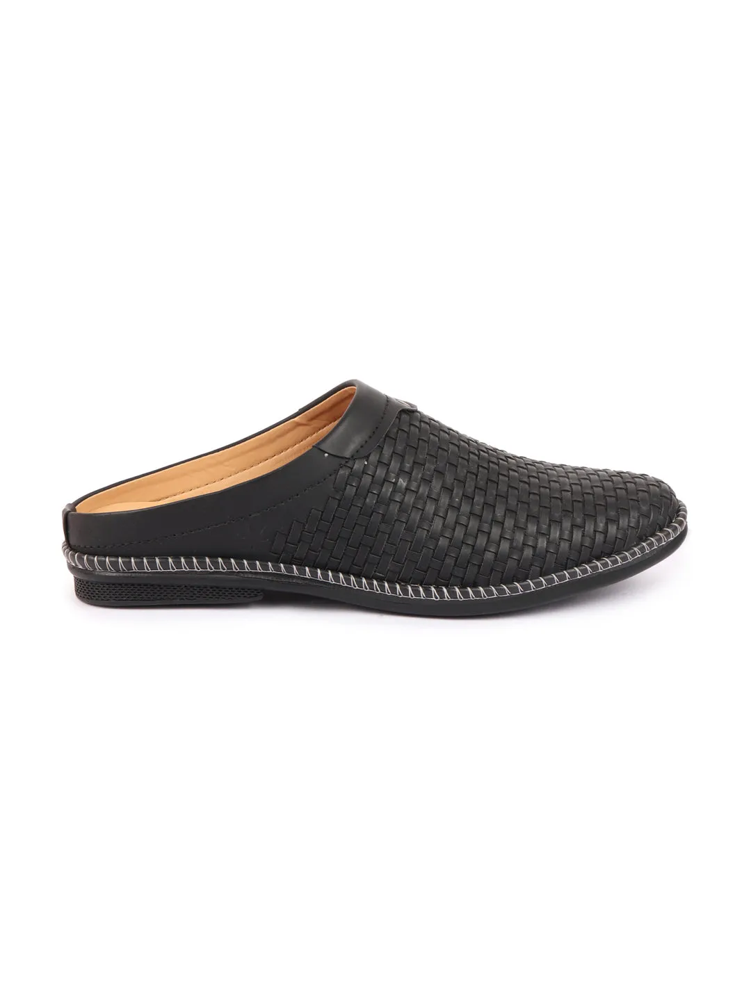 Men Black Back Open Knit Design Stitched Ethnic Casual Mules