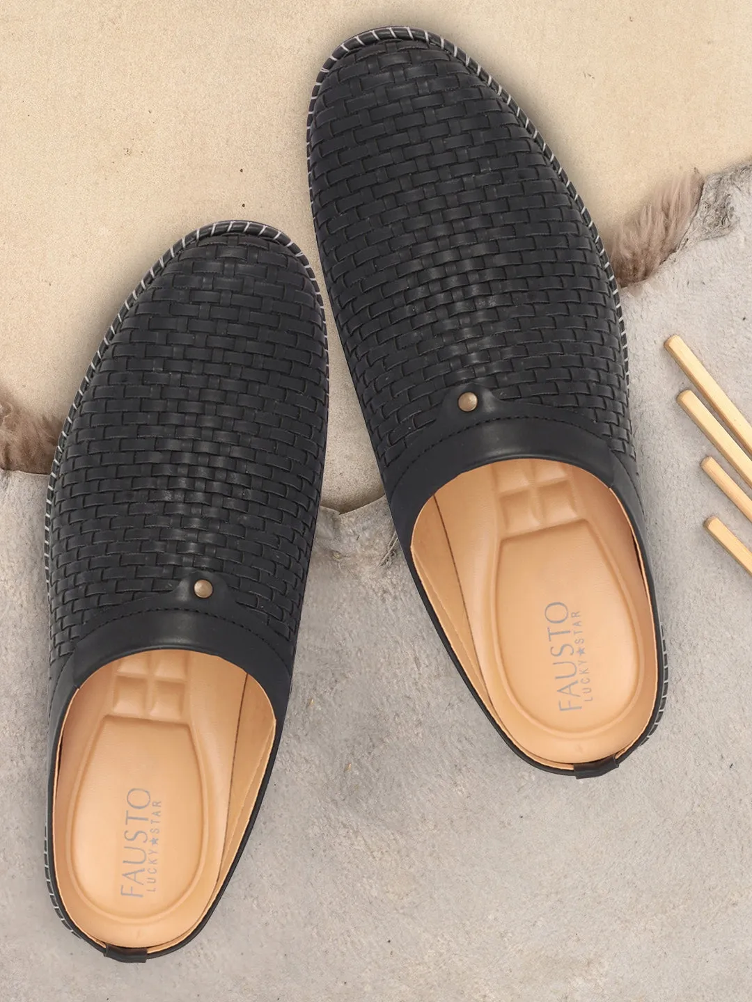 Men Black Back Open Knit Design Stitched Ethnic Casual Mules