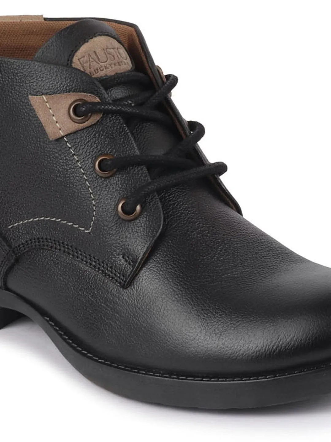 Men Black Leather Lace Up Flat Boots