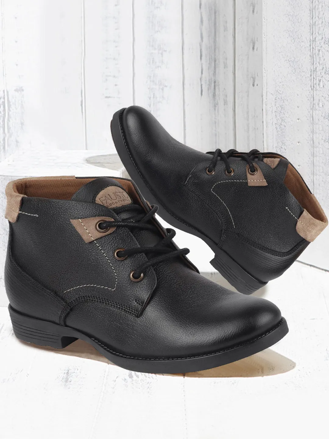 Men Black Leather Lace Up Flat Boots