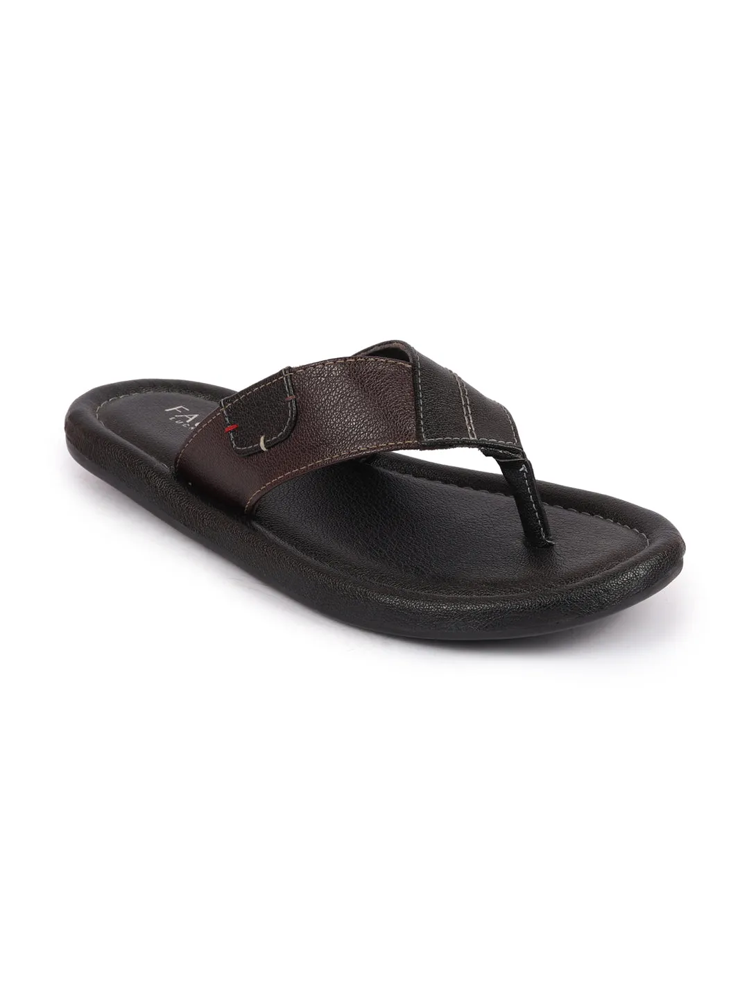 Men Black Stitched Design Indoor Outdoor Thong Slipper Sandals