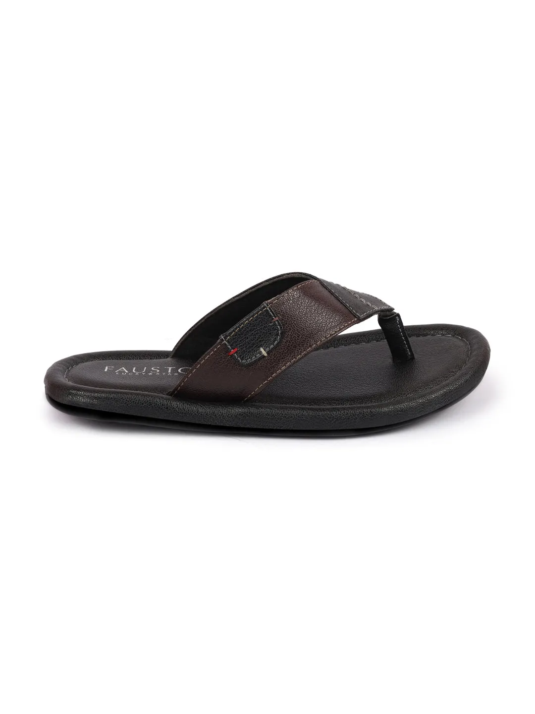 Men Black Stitched Design Indoor Outdoor Thong Slipper Sandals