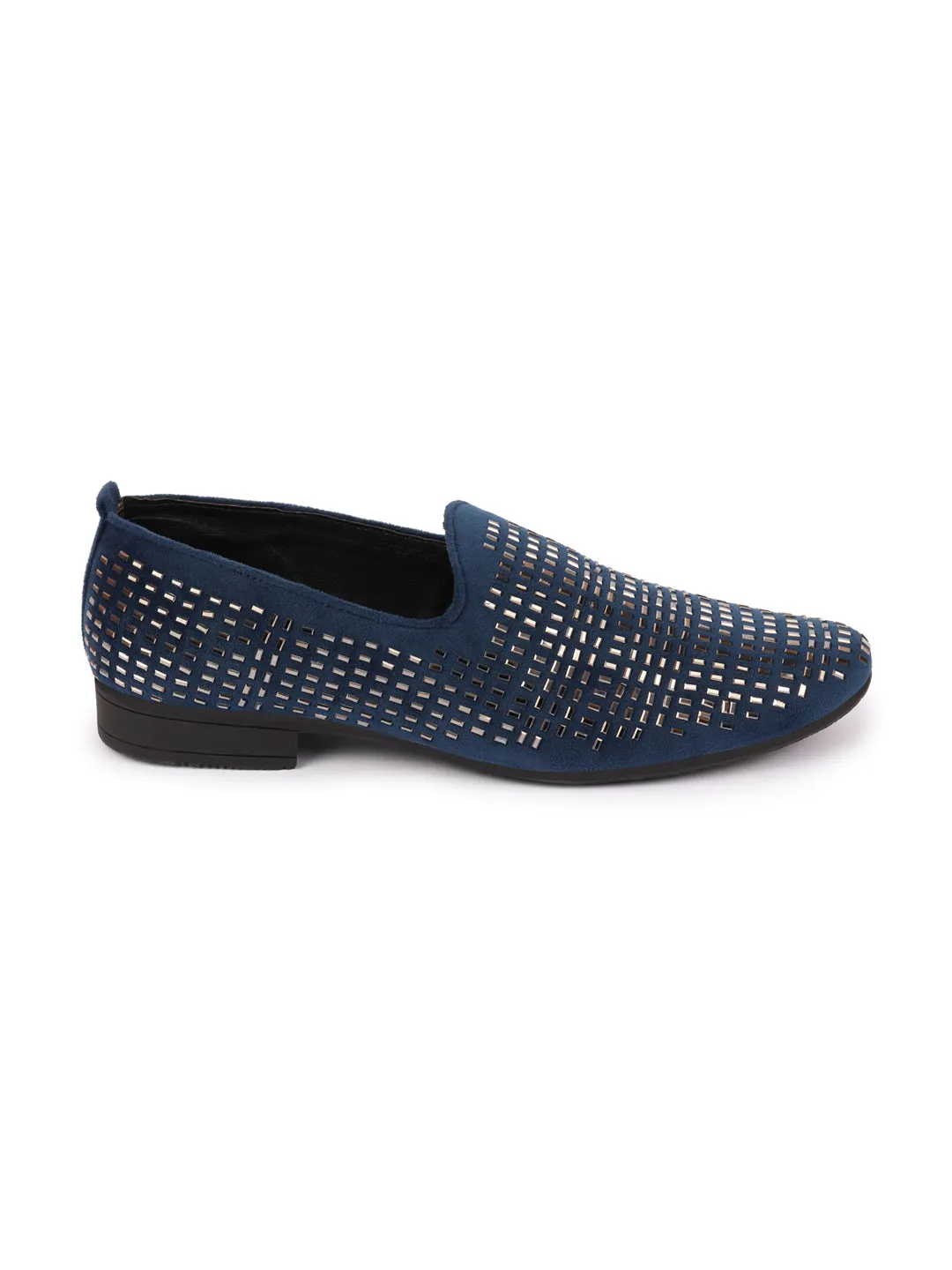 Men Blue Embellished Design Velvet Slip On Party Loafers Shoes