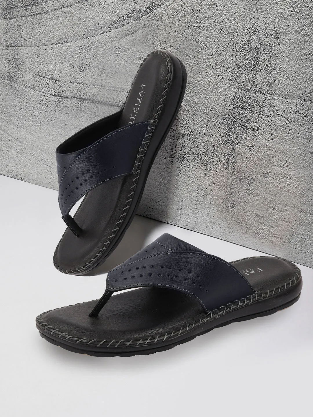 Men Blue Side Stitched Slippers