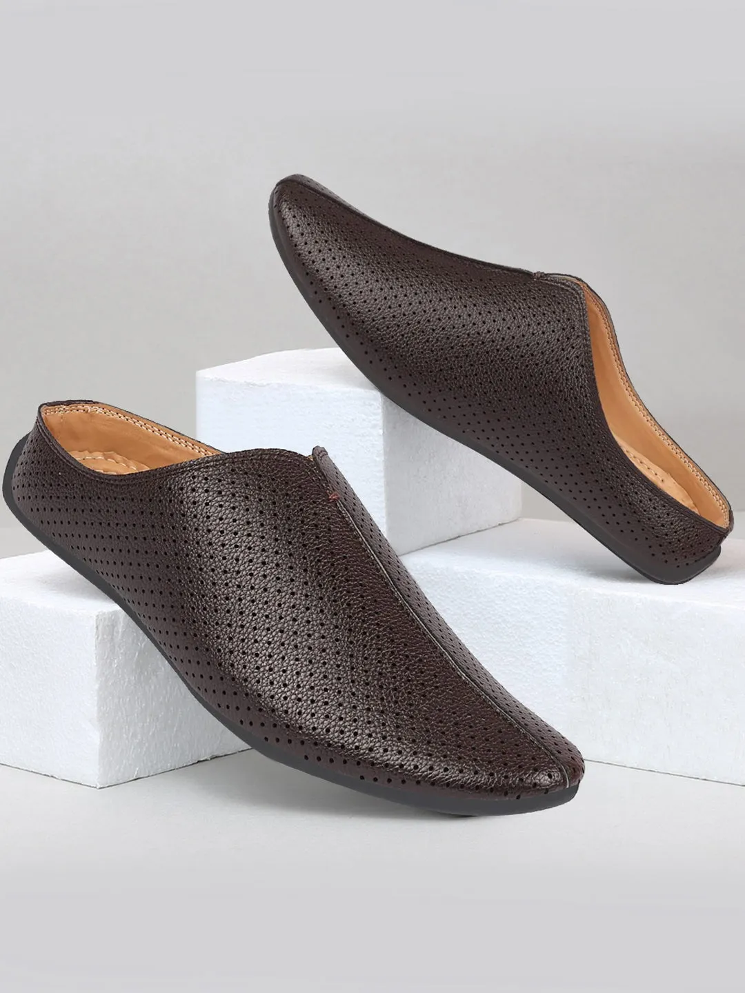 Men Brown Back Open Perforated Design Ethnic Party Wedding Mules Slip On Shoes