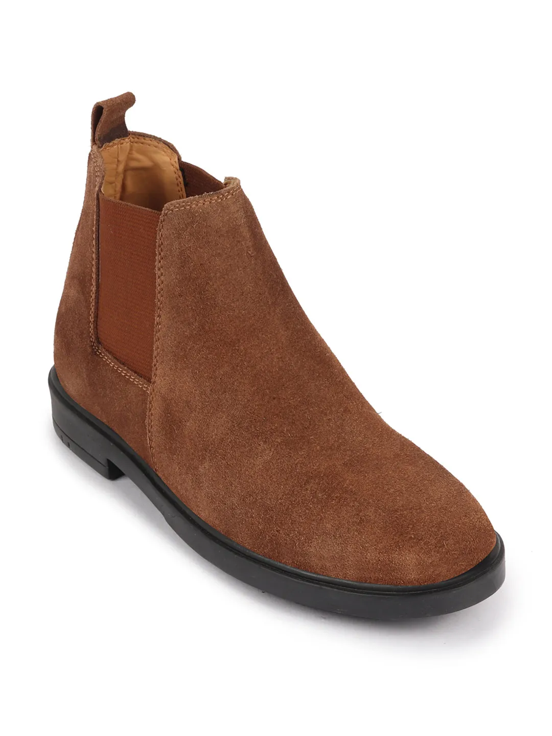 Men Camel Suede Leather Slip On Chelsea Boots