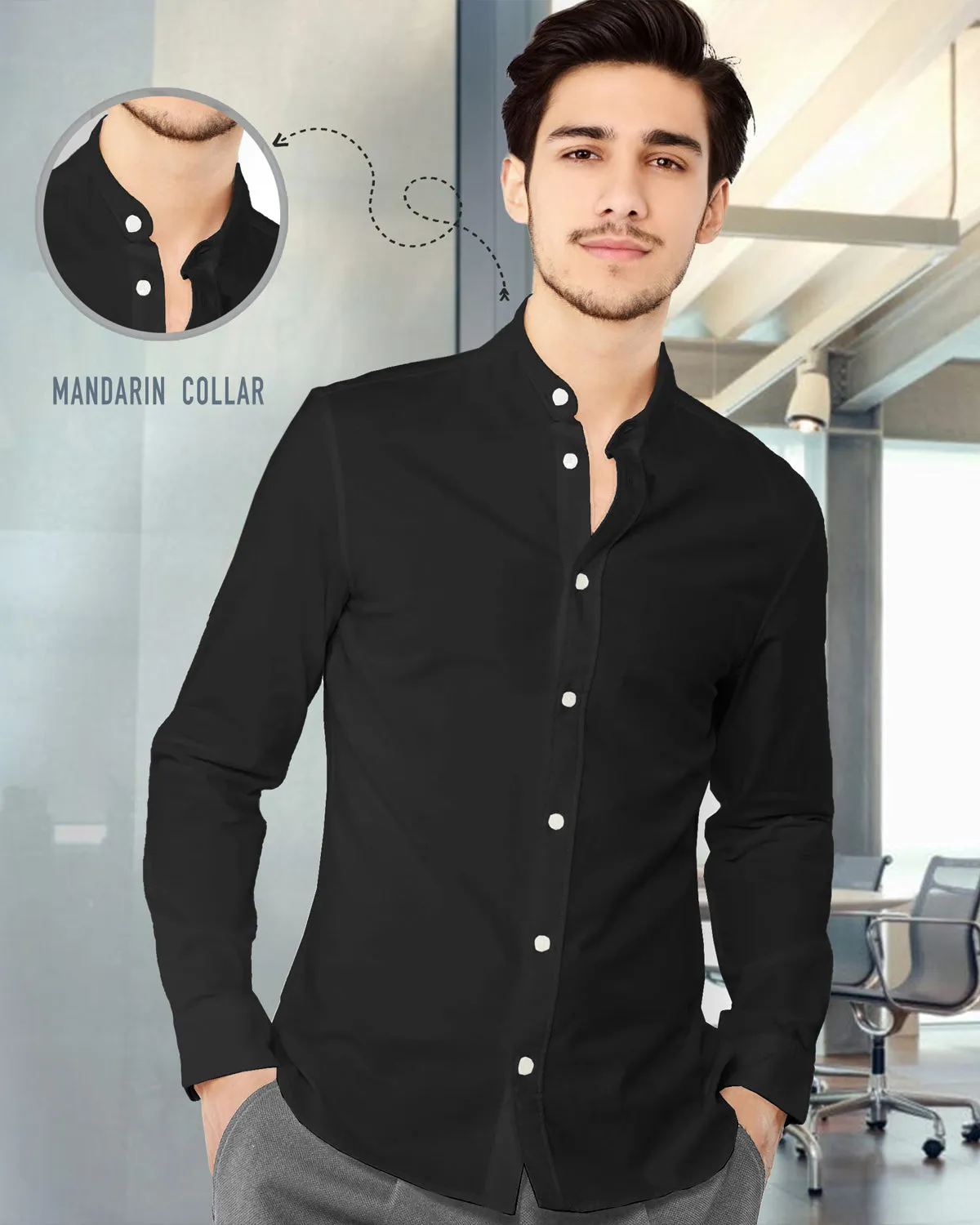 MEN PLAIN BLACK MANDARIN COLLAR FULL HAND SHIRT