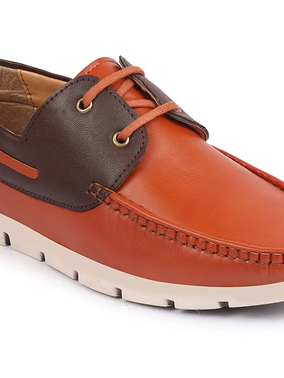 Men Tan Side Lace Stitched Design Lace Up Boat Shoes