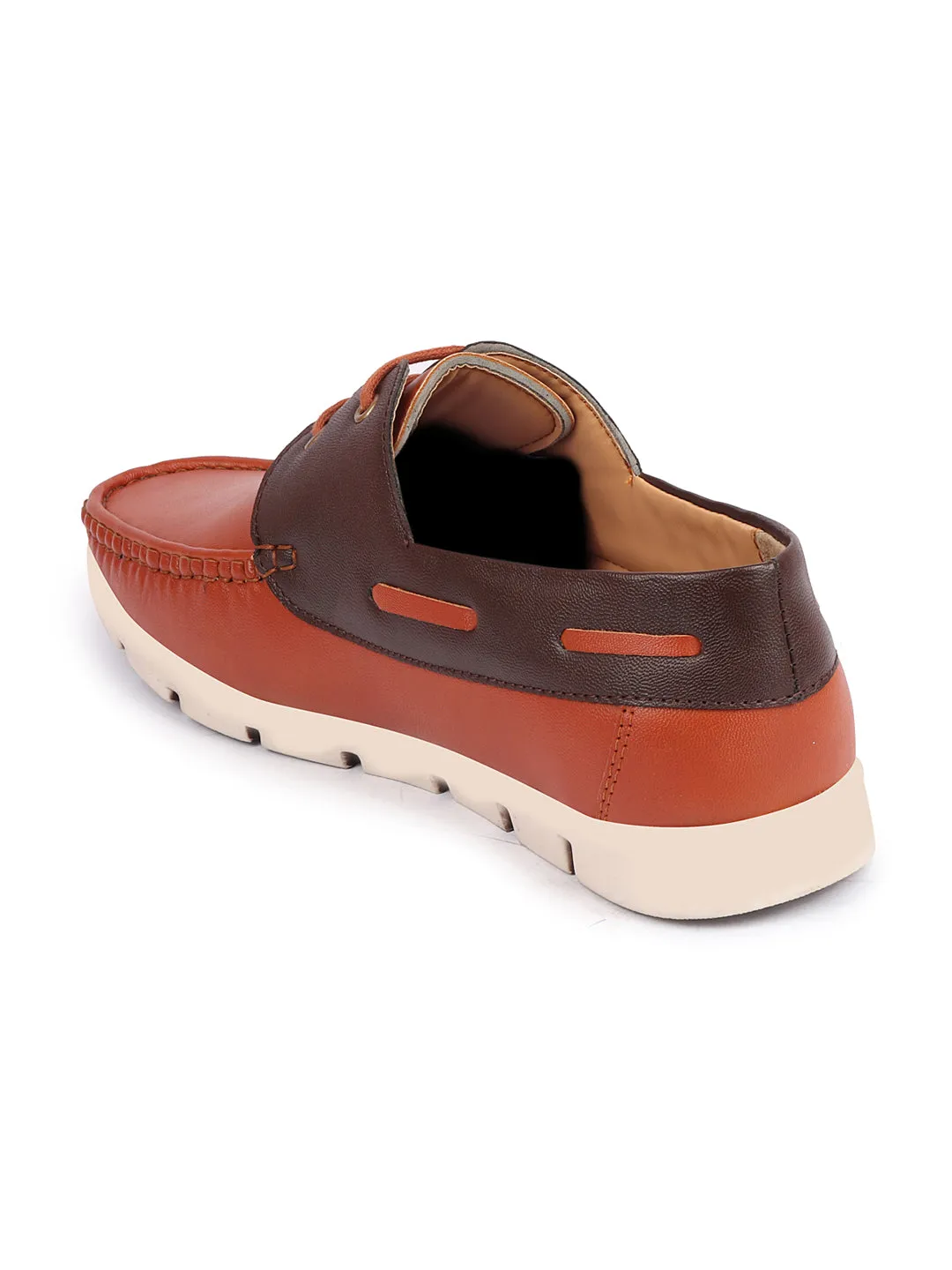 Men Tan Side Lace Stitched Design Lace Up Boat Shoes