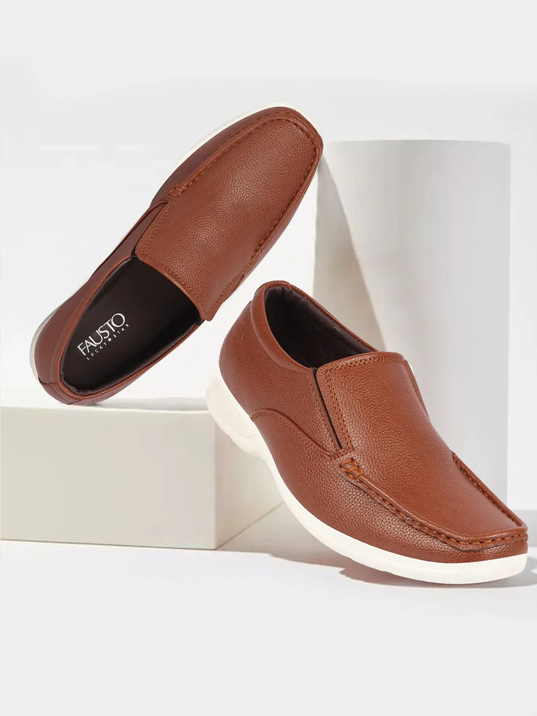 Men Tan Side Stitched Casual Comfort Slip-On Loafer Shoes