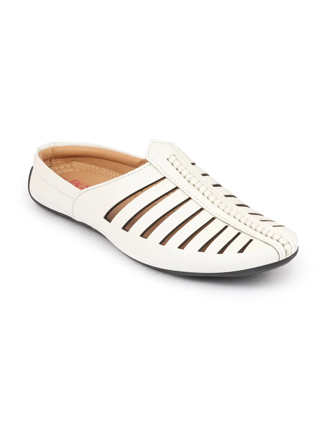 Men White Laser Cut Design Back Open Evening Party Ethnic Mules Slip On Shoes