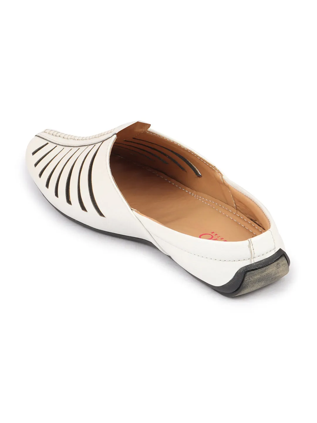 Men White Laser Cut Design Back Open Evening Party Ethnic Mules Slip On Shoes