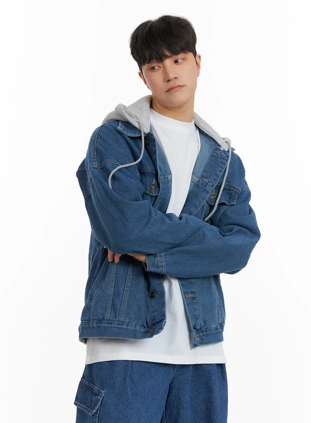 Men's Button Denim Jacket with Hoodie IA402