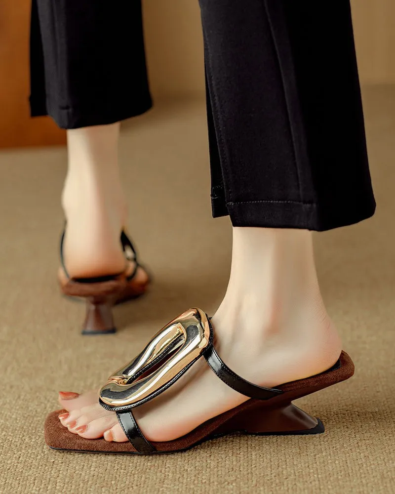 Metal Square Buckle Open Toe Heeled Sandals