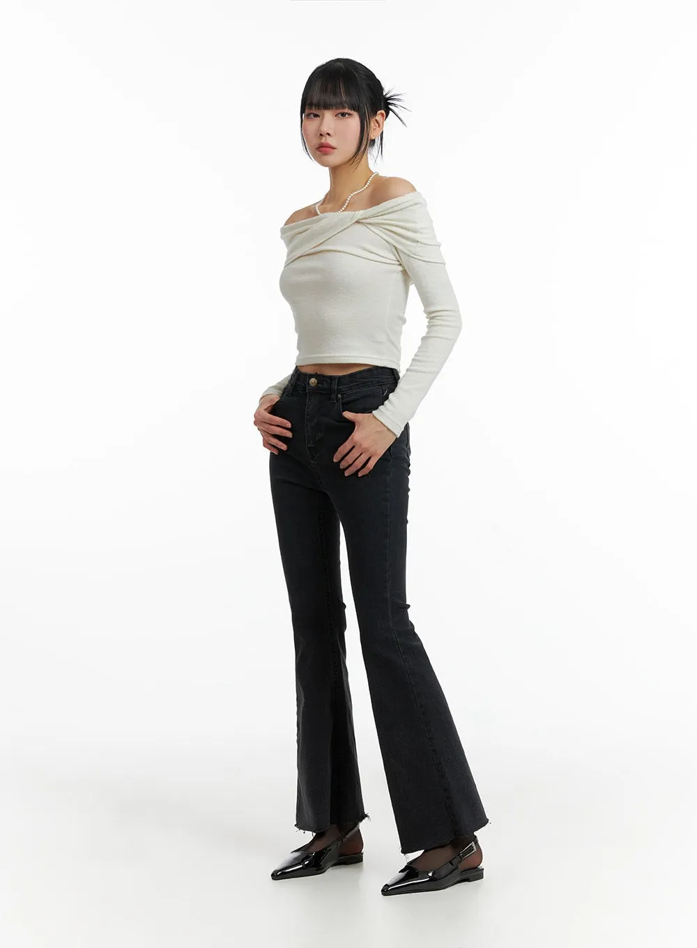 Mid Waist Button Flared Jeans IF402